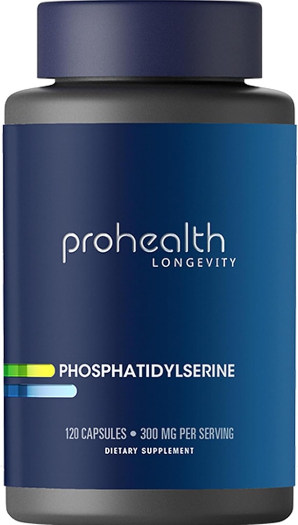 ProHealth Phosphatidylsérine. Protège la cognition et la santé cérébrale. Soutient la fonction du système nerveux sain. Améliore la performance sportive et le rétablissement. 300 mg par 2 capsules, 120 capsules.