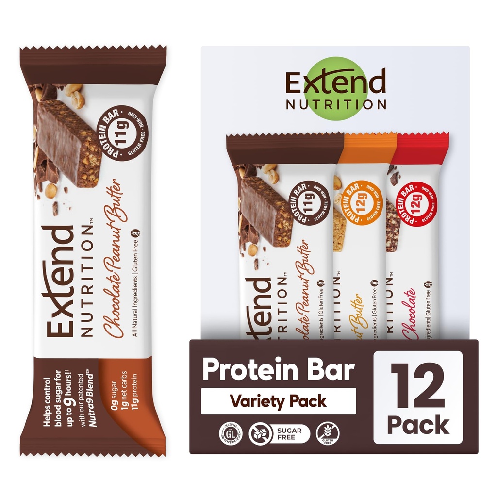Extend Sugar Free Protein Bars, Perfect Diabetic Snacks, High Protein and Fiber, Hunger Control & Steady Energy, Low Carb, Keto Friendly (12 Count, Variety Pack)