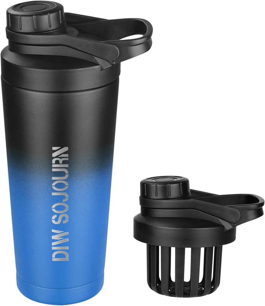 Bouteille de shaker DIW 24 oz,Bouteille de mélange en acier inoxydable au design sans bruit,Bouteille de shaker en métal isolant pour les mélanges de protéines et préentraînement,Gym Cup Shaker(Black&Blue)