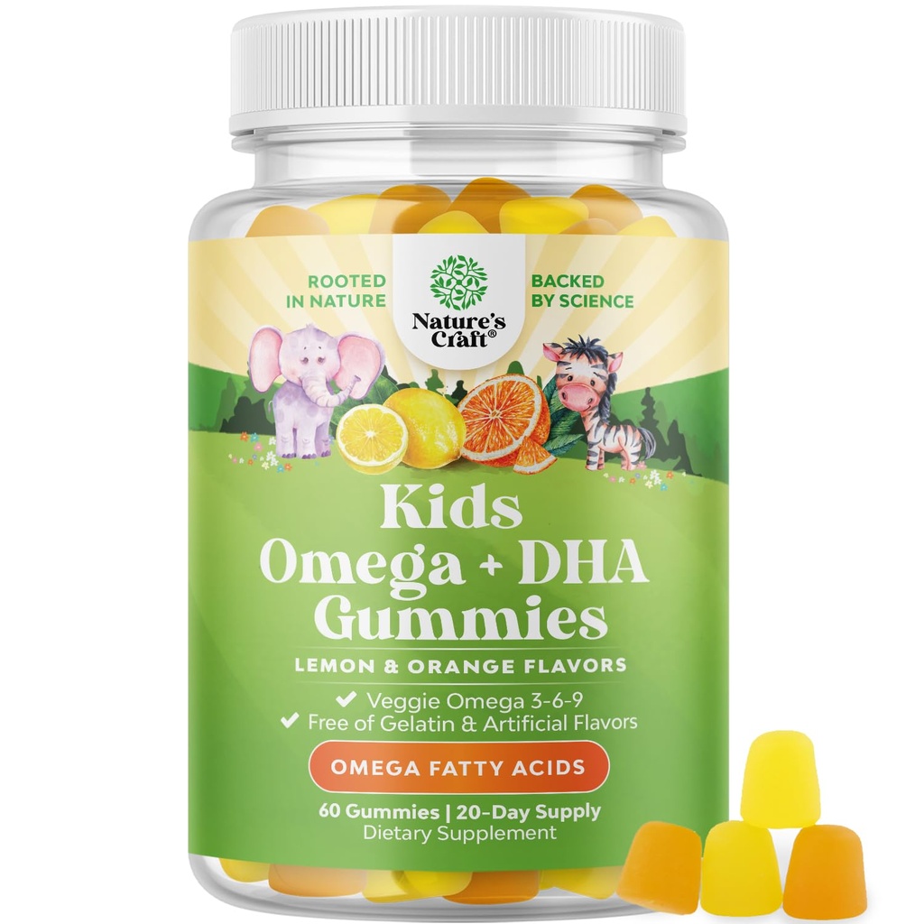 Enfants DHA Omega 3 Gummies - Acides gras Omega 3 6 9 pour le cerveau, la force immunitaire et la vision - DHA nutritionnel pour les enfants pour le système nerveux sain et le soutien de la cible - sans poisson, végétalien et non-OGM - 60 Chews