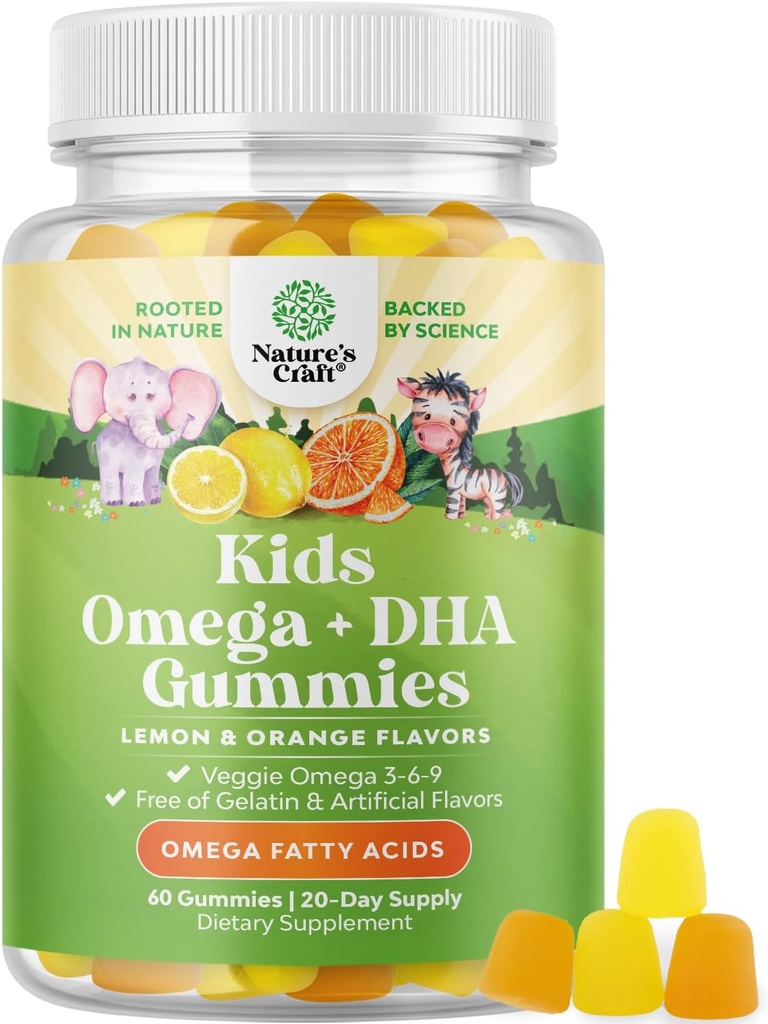 Kids DHA Omega 3 Gummies - Fatty Acids Omega 3 6 9 for Brain, Immune Strength & Vision - Nutritional DHA for Kids for Healthy Nervous System & Focus Support - Fish Free, Vegan & Non-GMO - 60 Chews