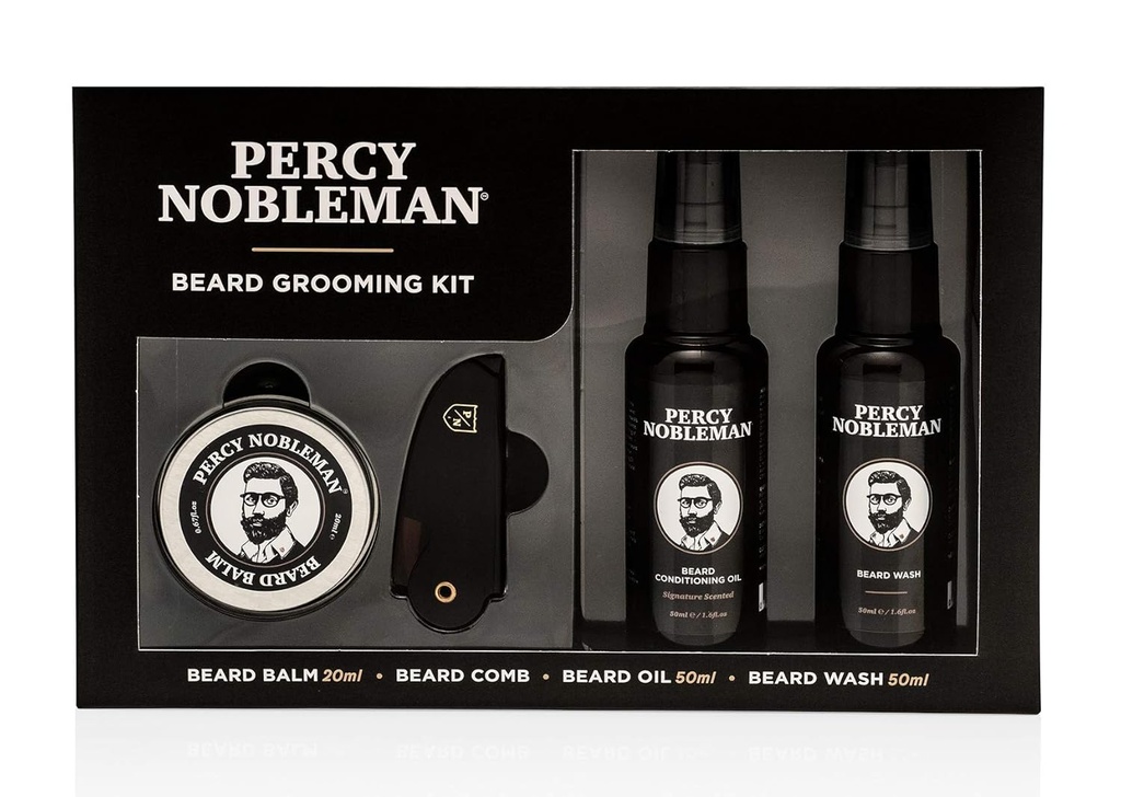 Percy Nobleman Kit de grooming pour barbe - Huile de barbe parfumée signature 50ml, laver 50ml, baume 20ml et peigne