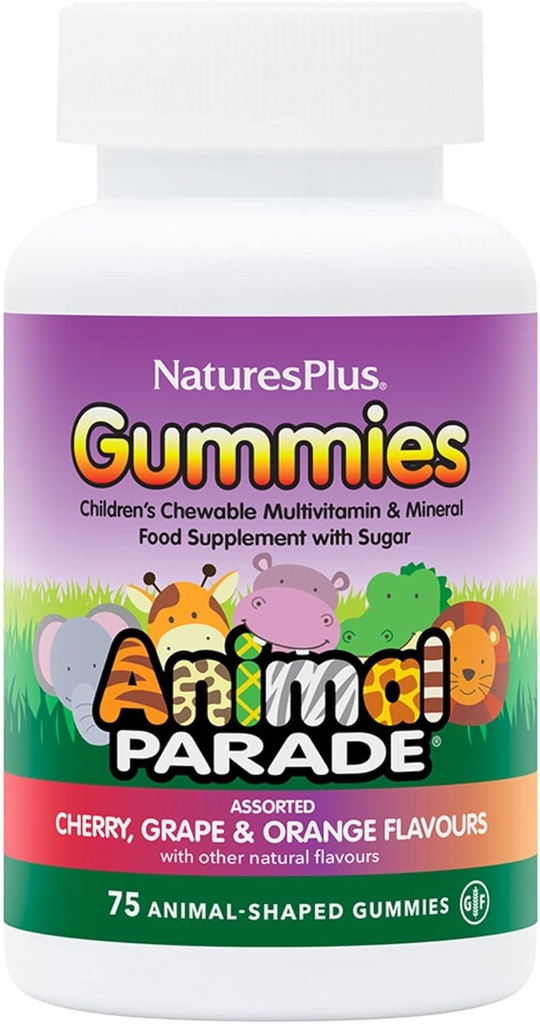 NaturesPlus Parade animale Source de la vie Gummies - Naturel orange, raisins et cerises - 75 Gummies en forme d'animal - Alimentation entière Multivitamine enfant - Sans gluten - 37 portions