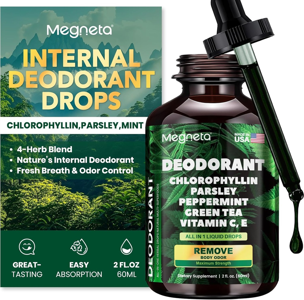 Chlorophylle gouttes liquides – Supplément désodorisant corporel pour les femmes et les hommes – Détox, énergie et soins de la peau – Vegan, non-OGM, 2 Fl Oz