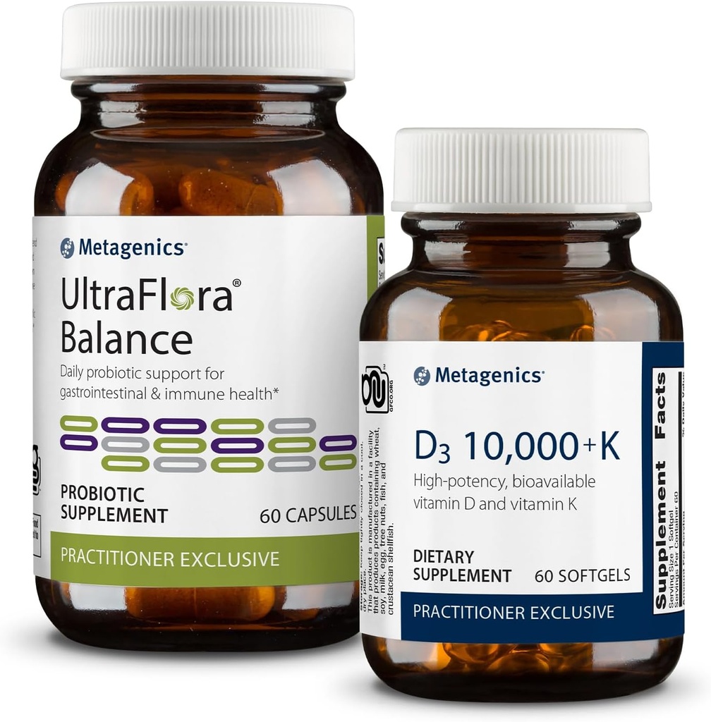 Metagenics Daily Gut and Immune Support Duo: UltraFlora Balance Probiotic for Digestive Health - 60 Capsules & Immune Support & Vitamin D3 10,000+ K - 60 Softgels