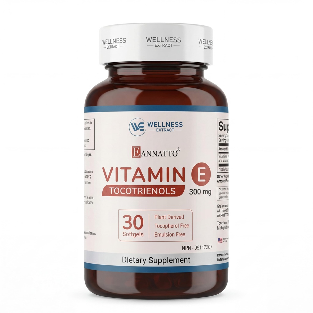 WELLNESS EXTRACT Eannatto Tocotrienols Vitamin E Supplements Tocopherol Free, Non-GMO, Gluten Free & Antioxidant (300MG 30 Softgels)