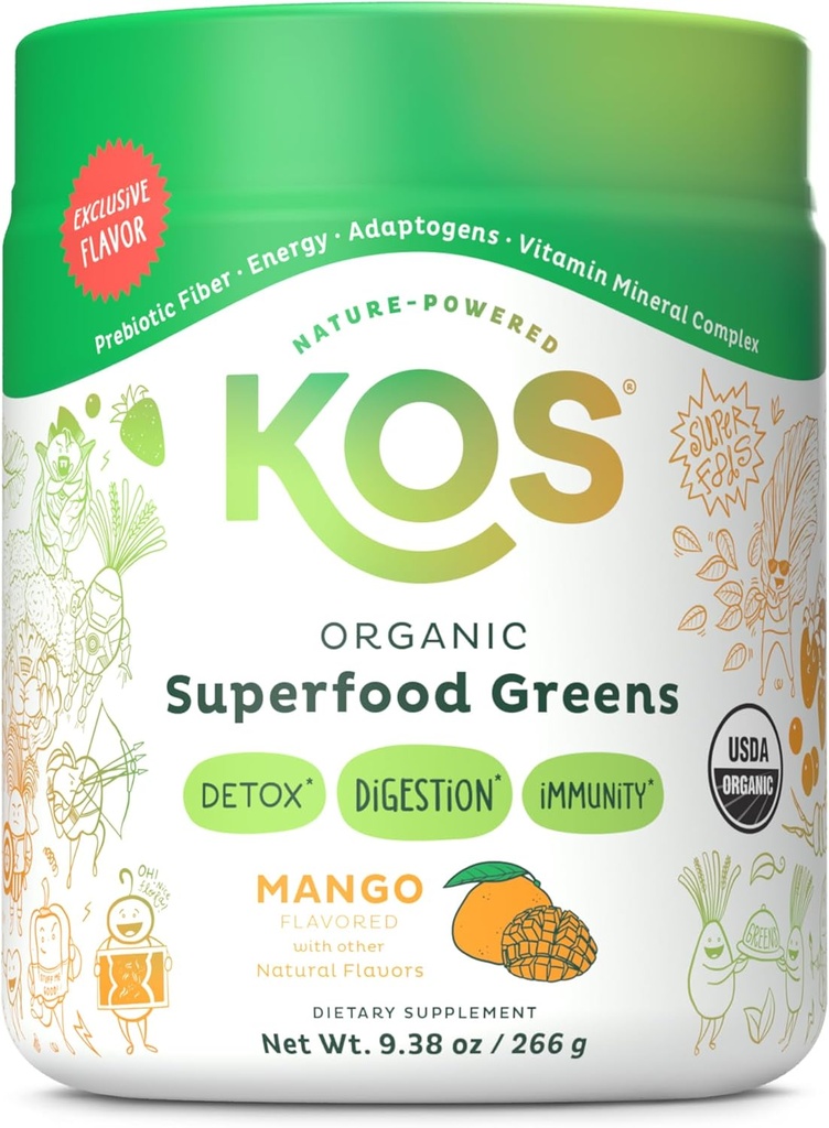 KOS Bio Superfood Greens Poudre - Gut Health de prébiotique Fibre, Supergreens et Adaptogens - USDA certifié biologique, fabriqué dans une installation certifiée GMP - 28 portions de mangue