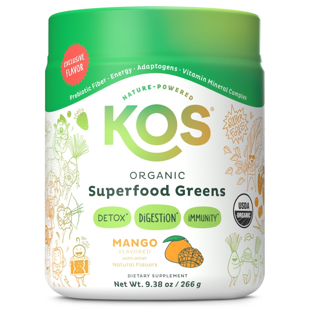 KOS Bio Superfood Greens Poudre - Gut Health de prébiotique Fibre, Supergreens et Adaptogens - USDA certifié biologique, fabriqué dans une installation certifiée GMP - 28 portions de mangue