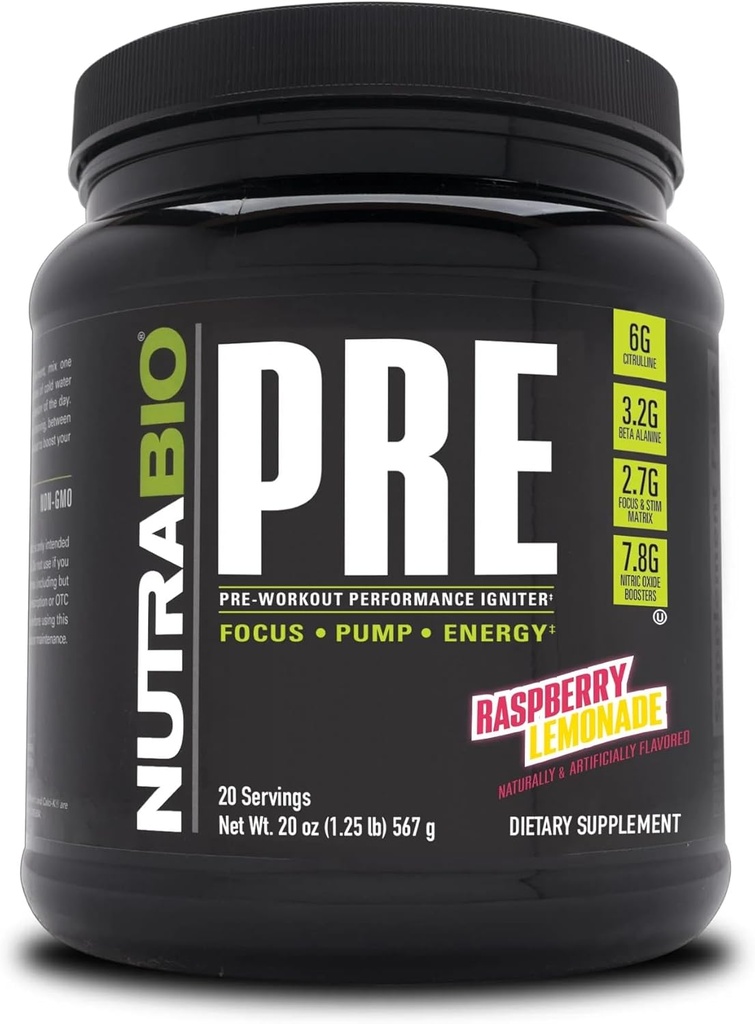 NutraBio PRE Poudre d'entraînement - Vieille Formule- Énergie durable, Focus Mental, Endurance - Beta Alanine, Créatine, Caféine, Electrolytes - 20 Servants - Cimonade aux framboises