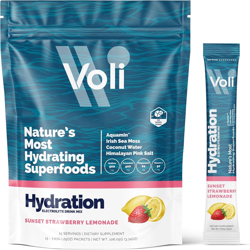 Voli Electrolytes Powder Packets.com Non ajouté Sucre Electrolyte Drink Mix pour l'hydratation.com Keto & Fasting Friendly, Natural Superfoods & Minerals.com Cimonade aux fraises, 15-Count