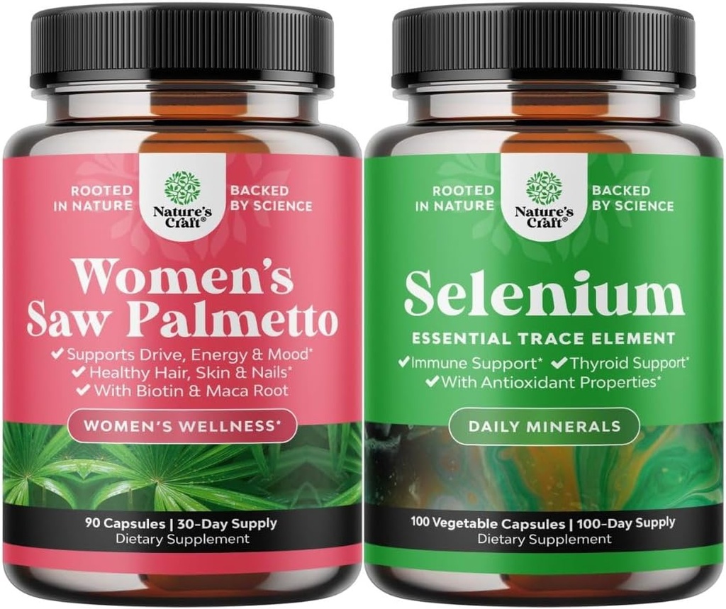 Ensemble de Palmetto de scie extra-fort pour les femmes et supplément de soutien thyroïdien de sélénium pur - DHT Blocker épaississant les vitamines capillaires pour la perte de cheveux - Supplément antioxydant et booster naturel immunitaire
