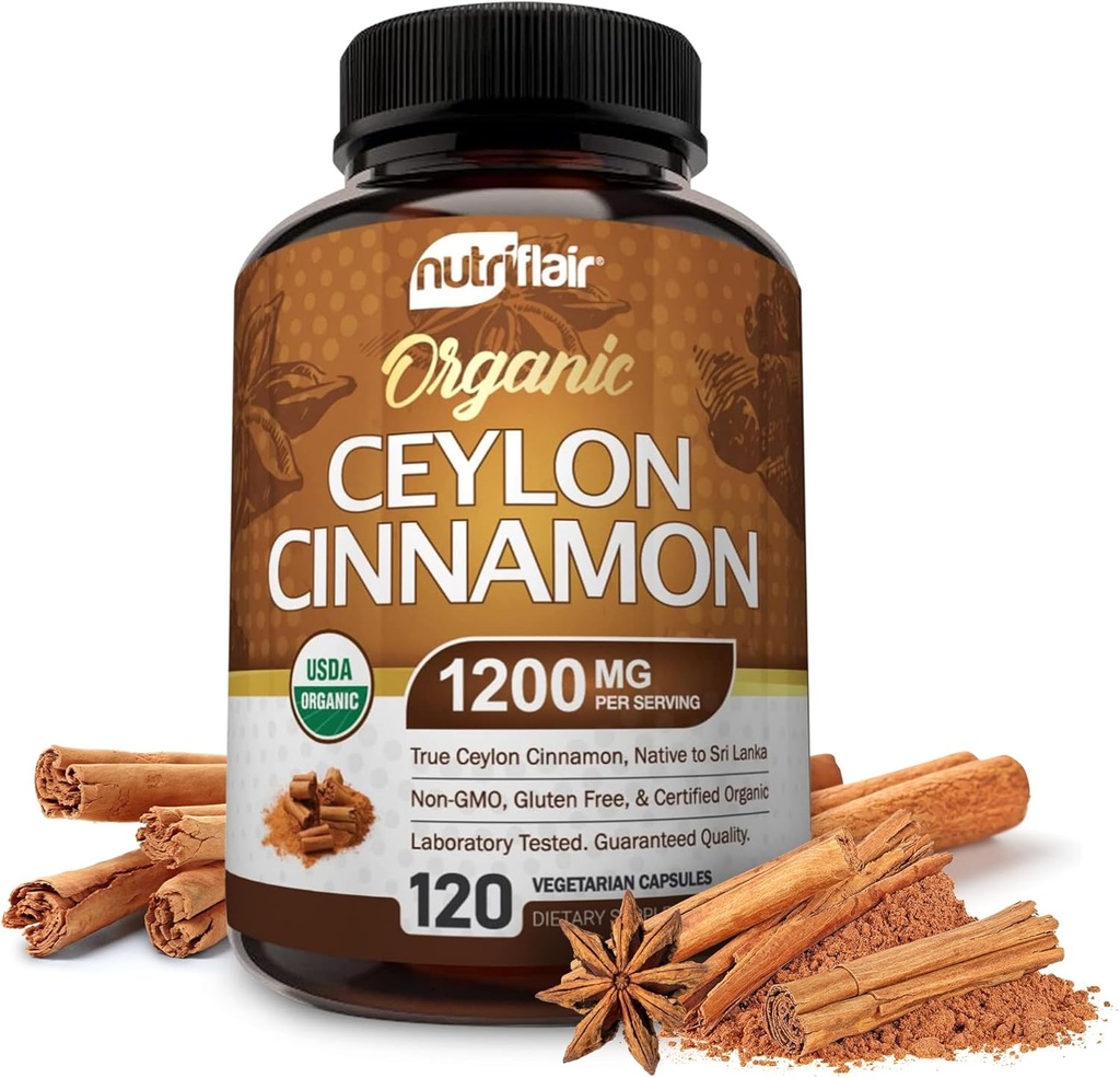 NutriFlair Organic Ceylon Cinnamon Supplement 1200mg, 120 Capsules - USDA Certified - Non-GMO, Gluten Free Powder, Antioxidant Pills