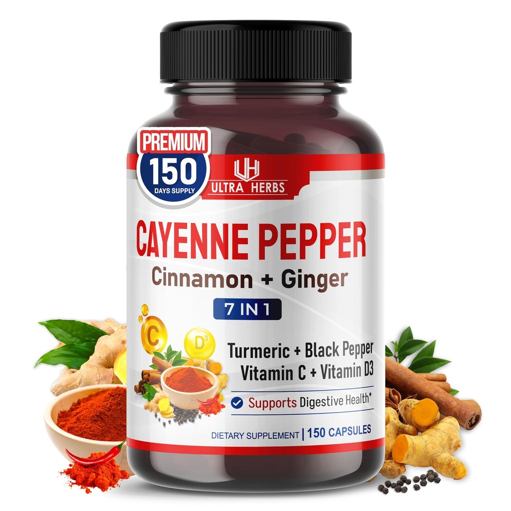 Cayenne Pepper 7 en 1 - - avec gingembre, curcuma, cannelle, poivre noir - favorise la fonction du système digestif (150 jours d'approvisionnement (paquet de 1))