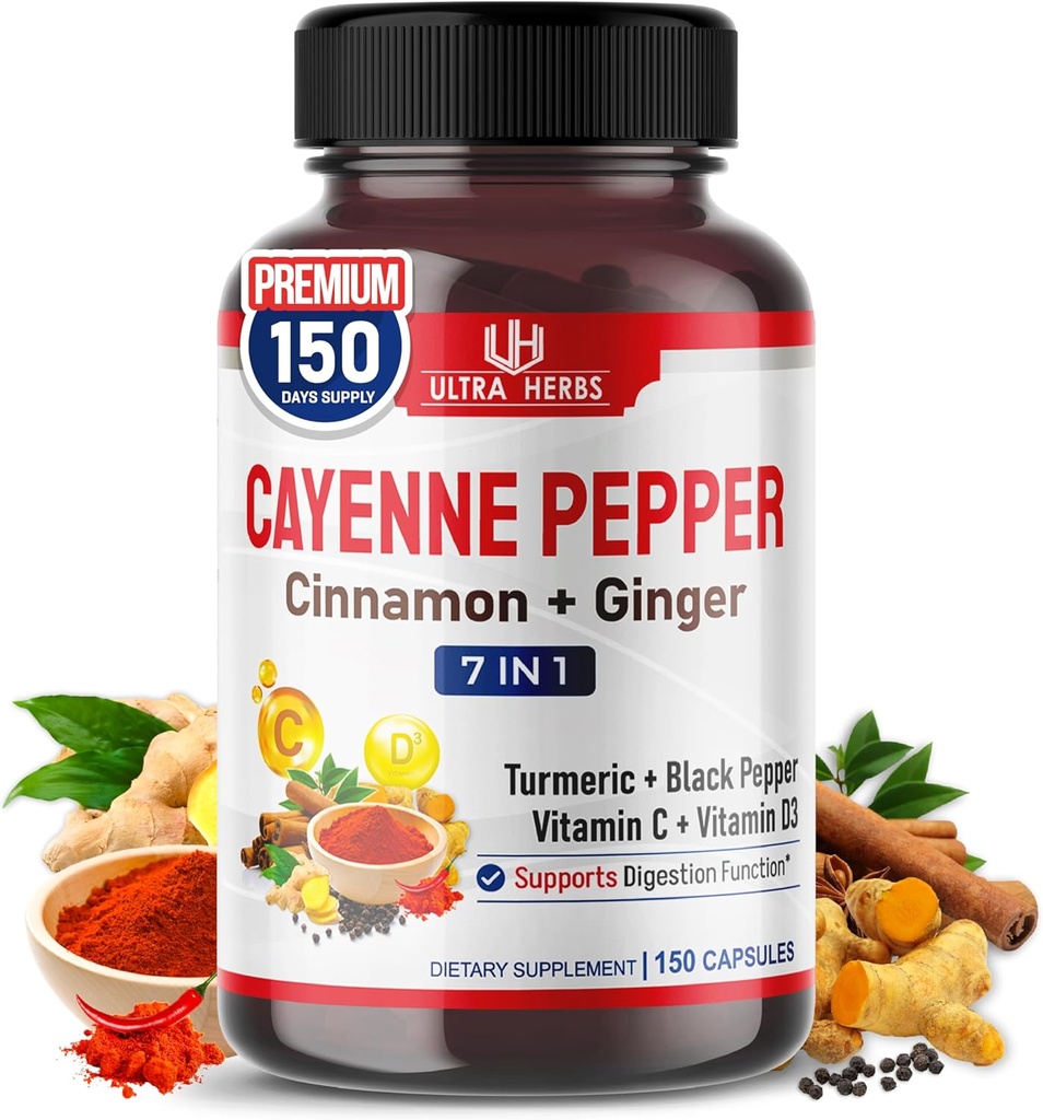 Cayenne Pepper 7 en 1 - - avec gingembre, curcuma, cannelle, poivre noir - favorise la fonction du système digestif (150 jours d'approvisionnement (paquet de 1))