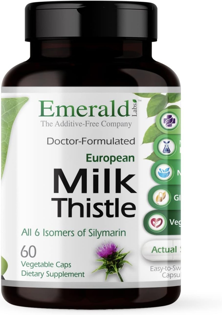 EMERALD LABS Chardon de lait européen - extrait de chardon de lait biologique - soutient la santé du foie & aide à maintenir l'énergie naturelle, la digestion et la santé du cerveau - 60 capsules végétales (jusqu'à 60 jours d'approvisionnement)