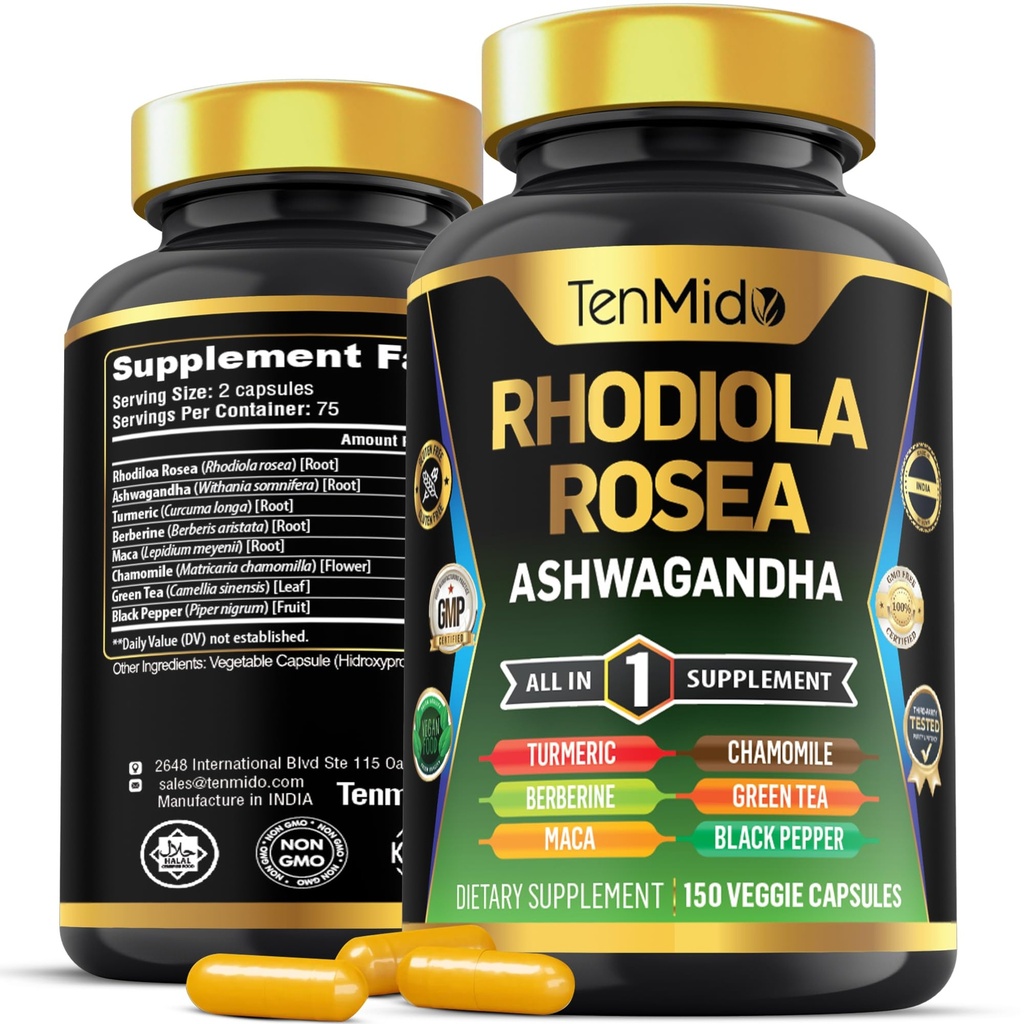 Supplément Rhodiola Rosea - Formule 8in1 - Combiner avec Ashwagandha, Turmeric, Berberine, Maca, Camomille, Thé vert et poivre noir - Nutrient Rich - 150 Capsules Vegan