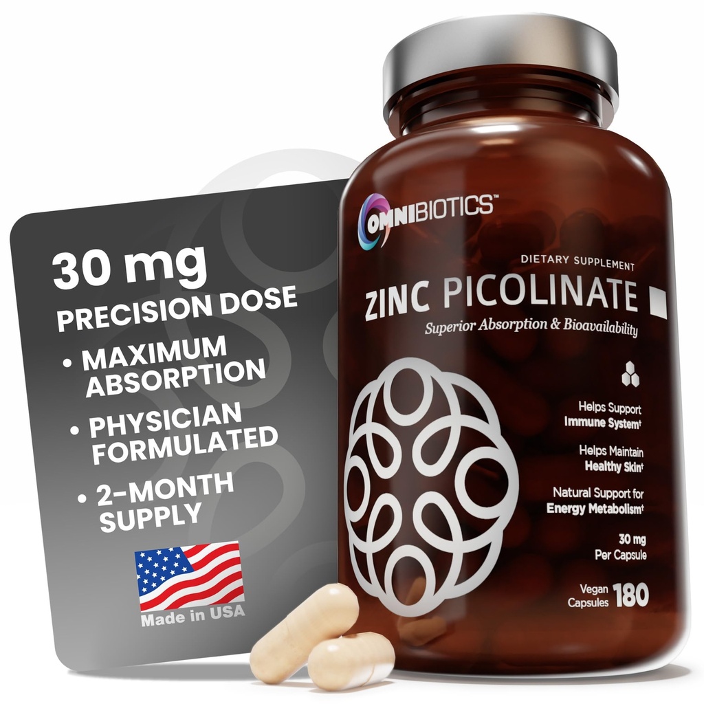 Supplément de 30mg de Picolinate de Zinc OmniBiotique – Zinc à haute absorption pour système immunitaire, peau saine et soutien énergétique – 180 Capsules Vegan