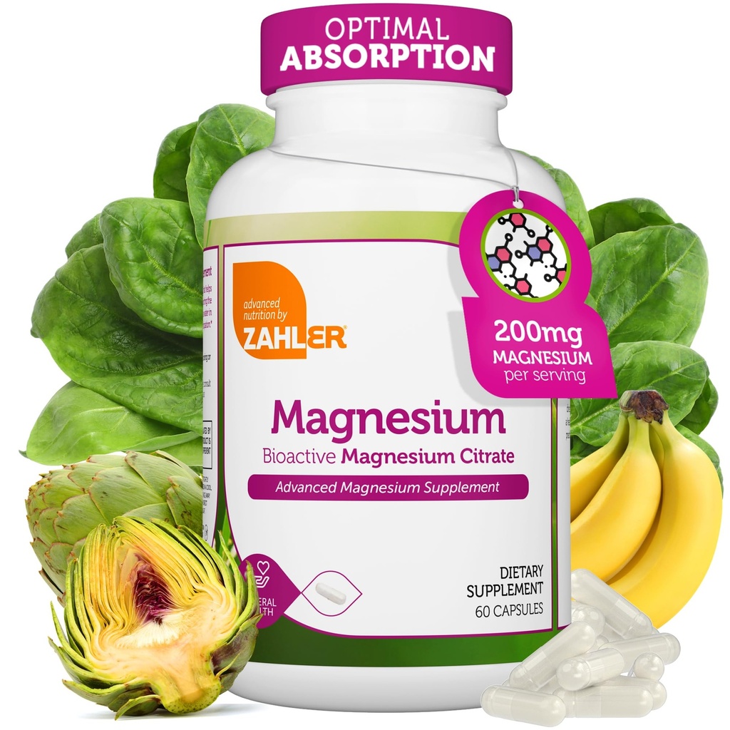 Zahler - Capsules de supplément de magnésium 200 mg (60 comte) Citrate de magnésium bioactif certifié Kosher pour l'absorption maximale - Minéral de magnésium naturel pour les hommes et les femmes - Meilleurs suppléments de magnésium