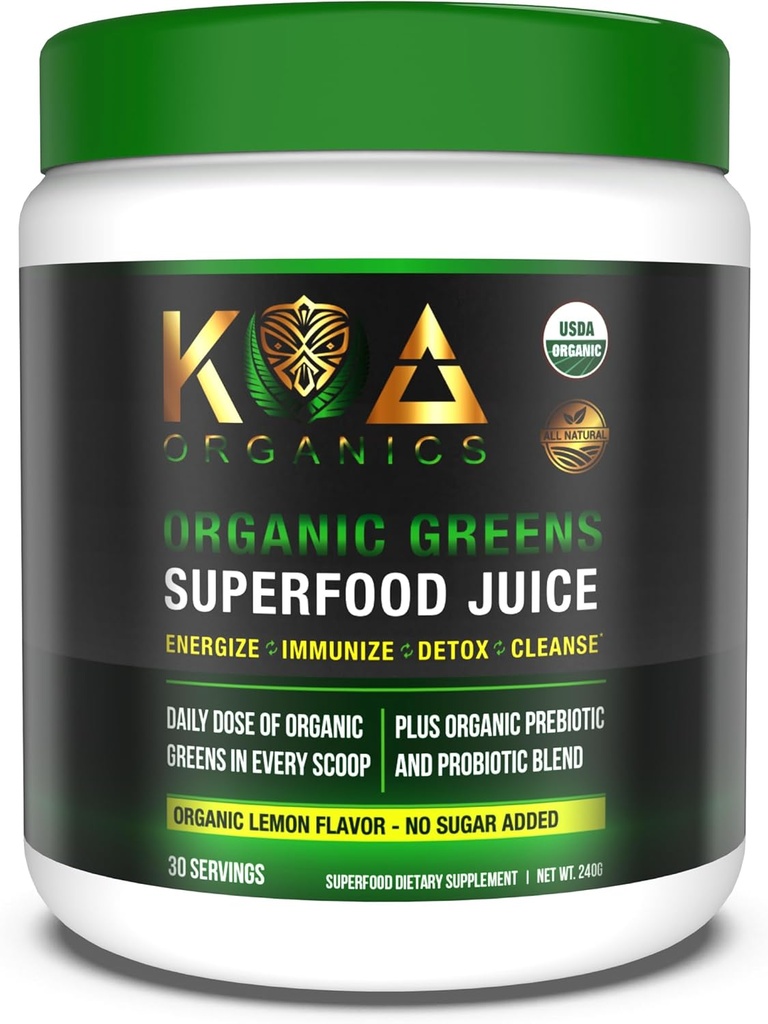Poudre de jus de fruits verts Superfood - USDA Bio Super Greens Poudre avec spiruline, Chlorella, Matcha, Grasse de blé, enzymes et probiotiques digestifs - Saveur de citron -30 ServQ