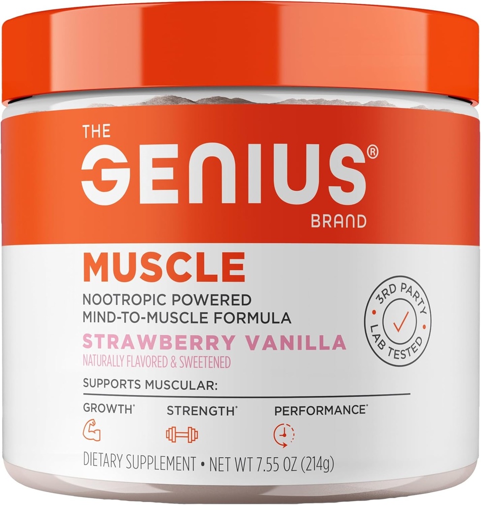 La marque Genius Genius Muscle - Supplément santé musculaire pour la croissance, l'endurance et la récupération - Formule non hormonale - 6 champignons organiques - naturellement sucré - 30 portions - Vanille de fraise