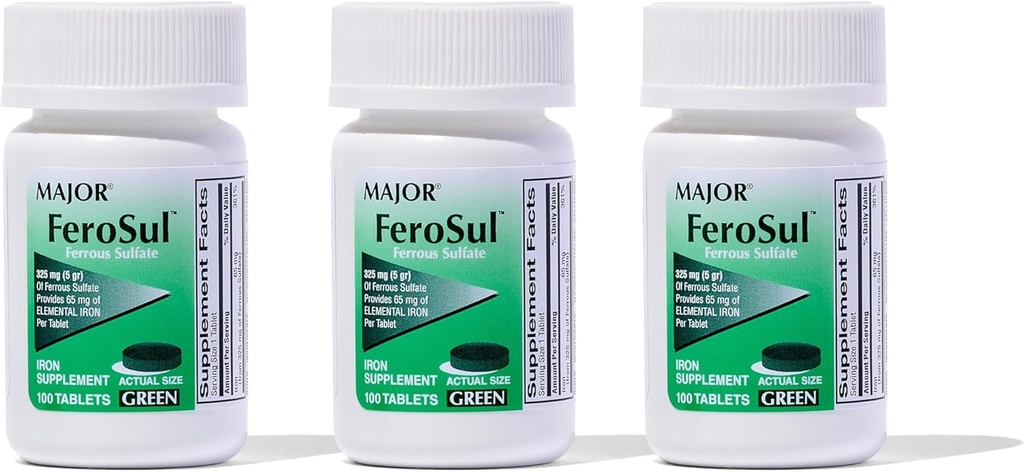 Major Ferosul - Sulfate de fer 325mg Comprimés avec 65mg de fer élémentaire - Supplément en fer pour les femmes, les hommes - Vert - 100 comprimés (3 Pack)