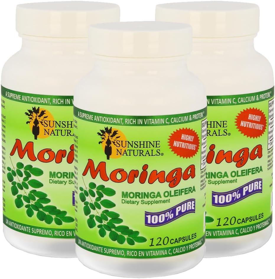 Sunshine Naturals Moringa Dietary Supplément. Immune System Aid, Energy Booster, Antioxydant Support et Nutrient-Rich Superfood. Favorise la digestion et la santé cardiaque. 120 gélules. Boîte de 3