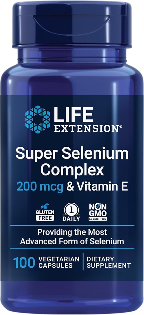 Extension de vie Complexe Super Sélénium, 200 mcg – 3 formes de Sélénium, Vitamine E – Santé cellulaire et soutien à la longévité – Sans gluten, sans OGM, végétarien, 1 jour – 100 capsules