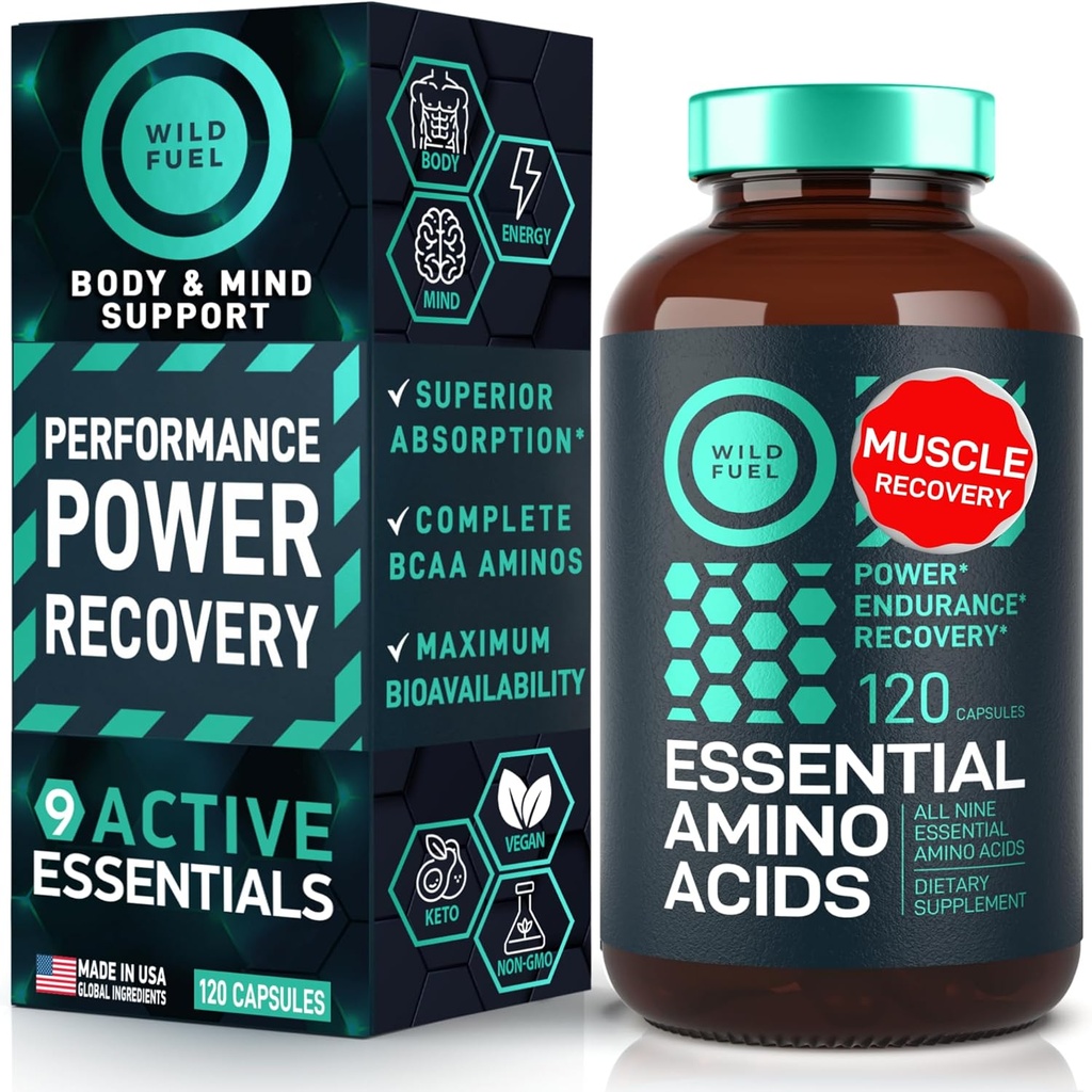 Supplément des acides aminés essentiels - Tous les 9 AAE avec les acides aminés BCAA (Leucine, Lysine, Valine, Thréonine) - 3 000mg par portion - Croissance musculaire, Puissance, Récupération - 120 Vegan, Capsules sans caféine