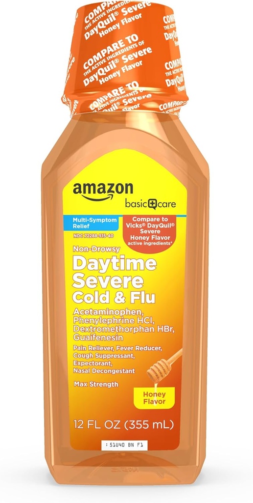 Amazon Basic Care Daytime Honey Flavor Severe Cold and Flu Relief, Liquid Medicine, 12 fl oz (Pack of 1)