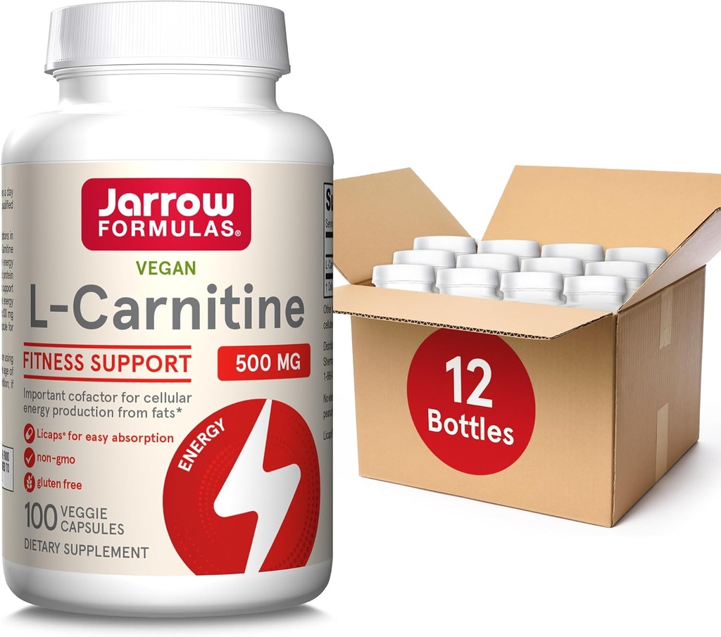 Jarrow Formulas L-Carnitine 500 mg - 100 Veggie Licaps - Important Cofactor for Energy Production (ATP) from Fats - Dietary Supplement - Vegan - Up to 100 Servings, Pack of 12