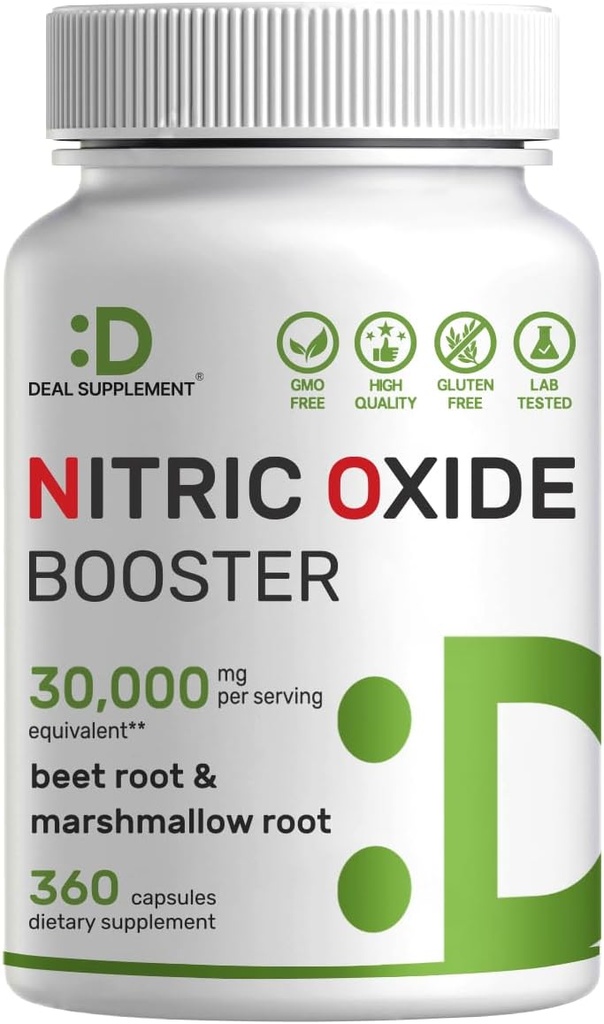 SUPPLÉMENT DE DÉLAI Booster à oxyde nitrique 30 000 mg équivalent, 360 capsules – Graines de betterave naturelle et mélange de racines de marshmallow – favorise le flux nutritionnel vers les muscles et le cœur – non-OGM