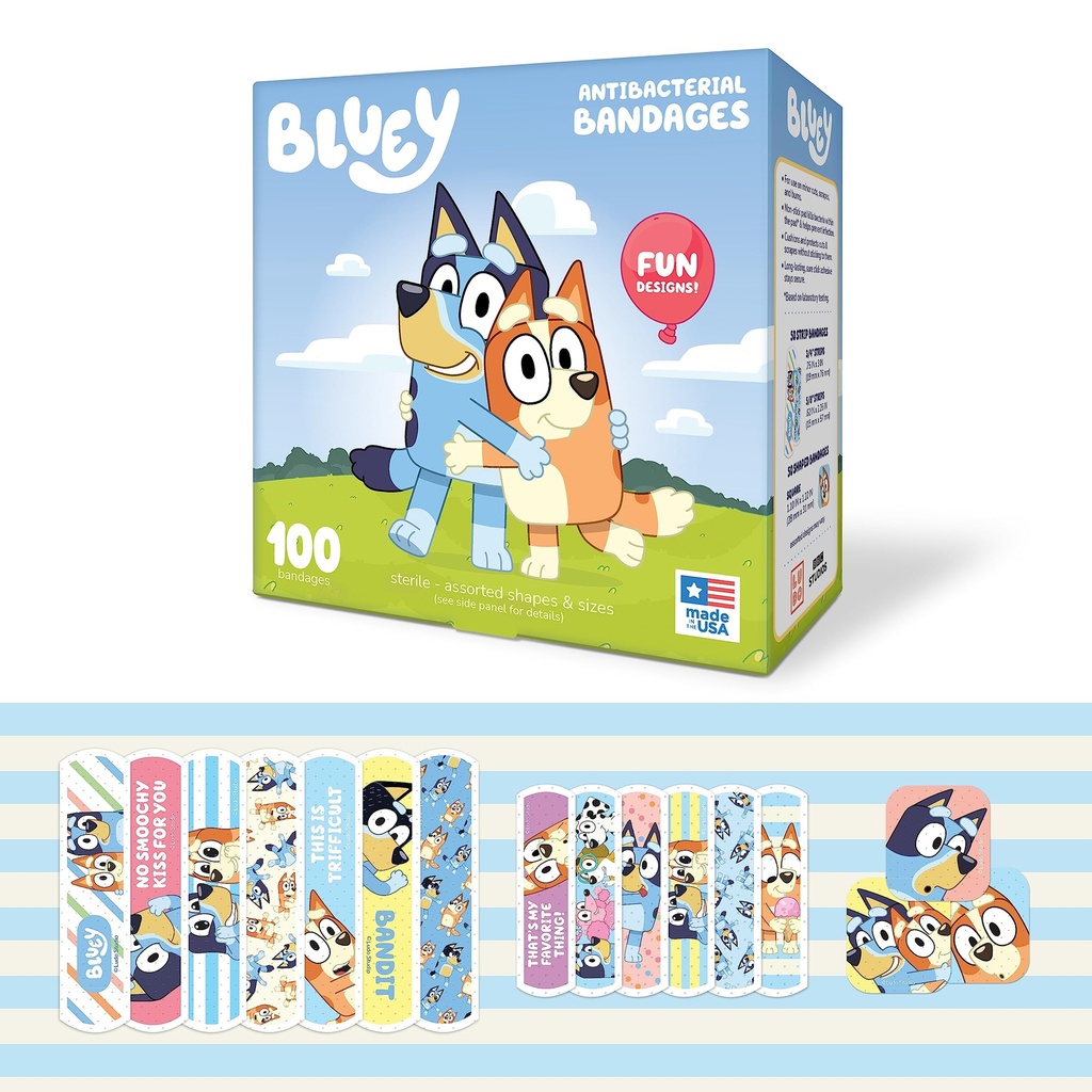 Bandes bleues pour enfants, 3 tailles assorties 100 CT.Stickers comme porter, Bandes adhésives flexibles pour les coupures mineures, les éclats et les brûlures. Grande idée de cadeau et Stuffer de bas