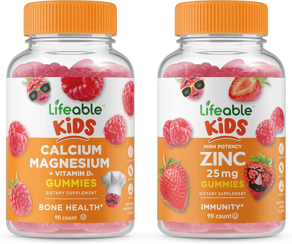 Zinc Lifeable 25mg Enfants + Calcium Magnésium Enfants, Gommies Bundle - Grande dégustation, supplément de vitamine, sans gluten, sans OGM, gommy à croquer