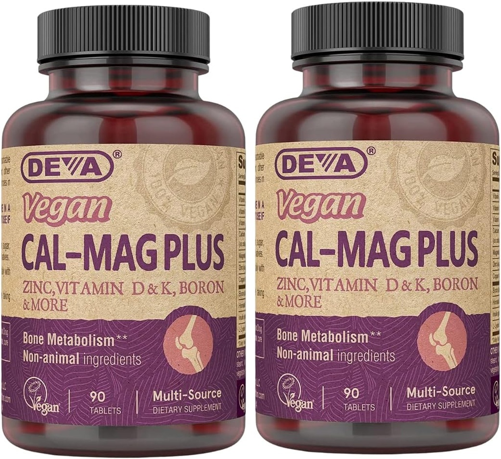 DEVA Supplément de magnésium de calcium végétalien 2-pack, plus zinc, vitamines C, D & K, Boron, 90 comprimés chacun
