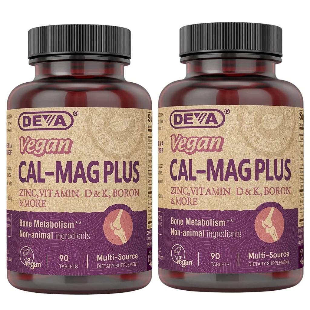DEVA Supplément de magnésium de calcium végétalien 2-pack, plus zinc, vitamines C, D & K, Boron, 90 comprimés chacun