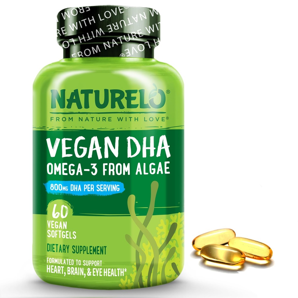 NATURELO Vegan DHA - Omega 3 Huile d'algue - Supplément pour le cerveau, le coeur, les articulations, la santé oculaire - Fournit les acides gras essentiels pour les femmes, les hommes et les enfants - Compléments Vitamines prénatales - 60 Softgels