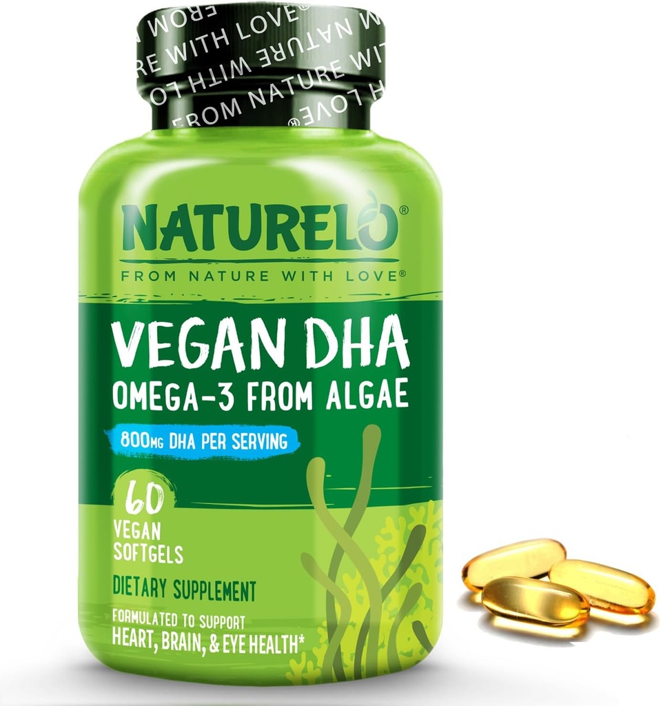 NATURELO Vegan DHA - Omega 3 Huile d'algue - Supplément pour le cerveau, le coeur, les articulations, la santé oculaire - Fournit les acides gras essentiels pour les femmes, les hommes et les enfants - Compléments Vitamines prénatales - 60 Softgels
