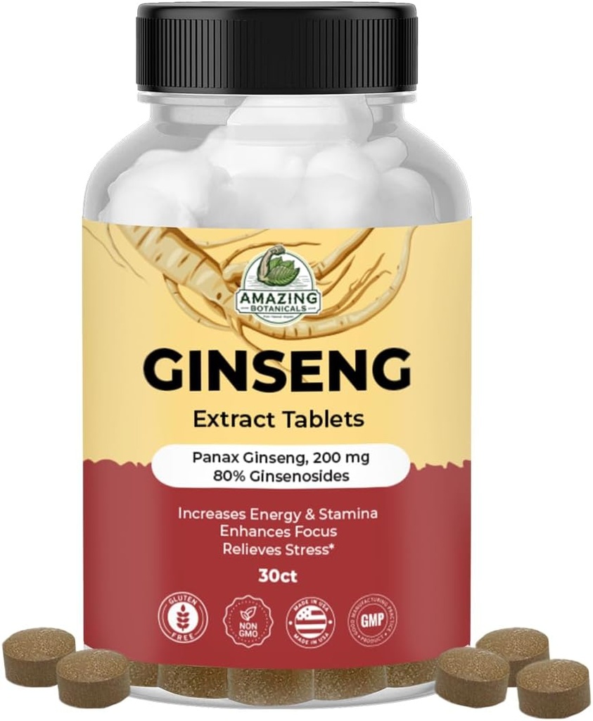 Amazing Botanicals Panax Ginseng Comprimés d'extrait - 200mg Ginsénosides à haute capacité 80% pour l'énergie et la relaxation - Supplément naturel à base de plantes pour booster cognitif - 30 comprimés