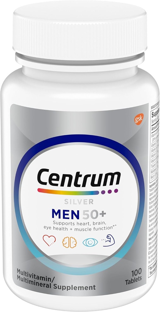 Centrum Silver Multivitamin for Men 50 Plus, Multimineral Supplement, Vitamin D3, B-Vitamins and Zinc, Gluten Free, Non-GMO Ingredients, Supports Memory and Cognition in Older Adults - 100 Ct