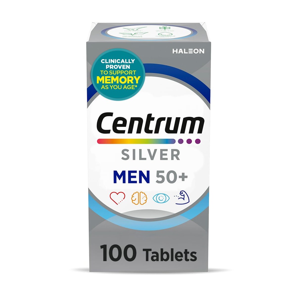 Multivitamine d'argent centrum pour les hommes 50 Plus, supplément multiminérale, vitamine D3, vitamine B et zinc, sans gluten, ingrédients non OGM, soutient la mémoire et la cognition chez les adultes âgés - 100 Ct