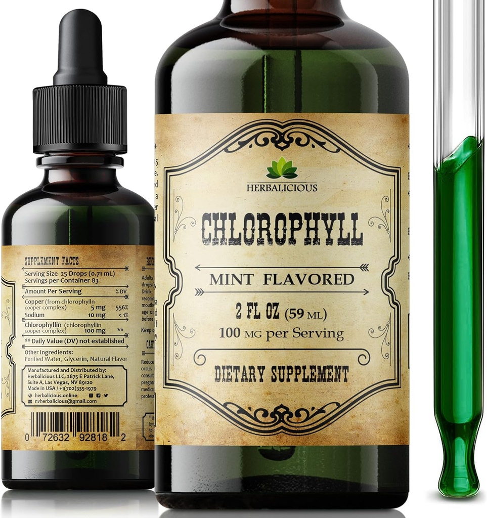 Chlorophyll Liquid Drops – Détox naturel organique & Cleanse Support – Boost Energy, Immunity & Metabolism – Vegan, Non-OGM, Mint Flavor, 2 fl oz – Extrait de chlorophylline de cuivre de sodium – Fabriqué aux États-Unis