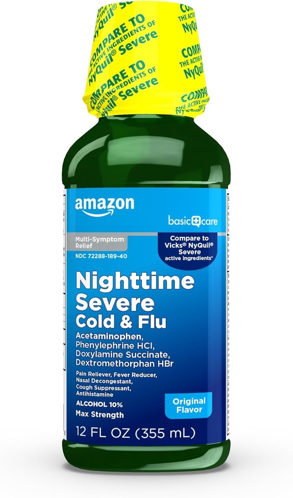 Amazon Basic Care Nighttime Severe Cold & Flu Liquid, Original, 12 fl oz (Pack of 1)