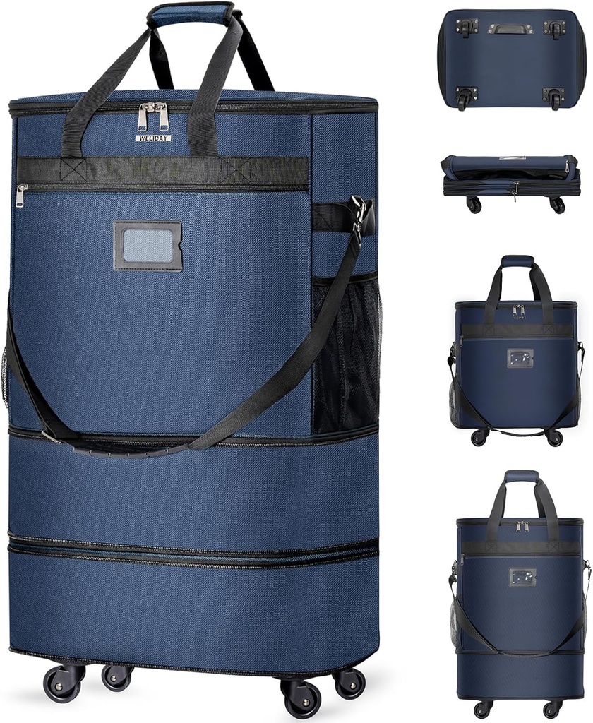 Valises avec roues Sac à bagages extensible Valise pliable avec 4 roues universelles Sac à roulettes Collapsible Sac à bandoulière de grande capacité (bleu)