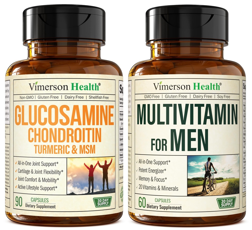 Glucosamine Chondroitin Turmeric MSM + Hommes , Multivitamin 2-Bottle Supplément Bundle pour lui. Hygiène articulaire, Réponse inflammatoire, Immune Support, propriétés antioxydantes