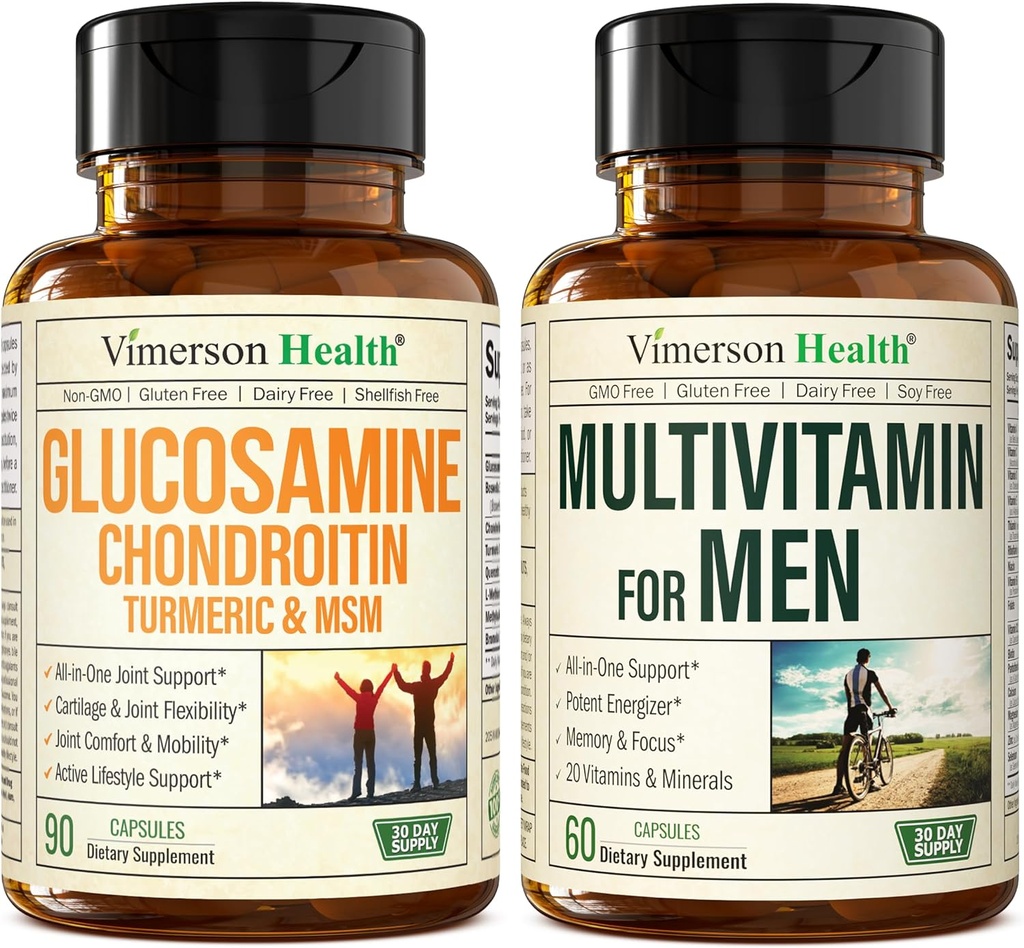 Glucosamine Chondroitin Turmeric MSM + Hommes , Multivitamin 2-Bottle Supplément Bundle pour lui. Hygiène articulaire, Réponse inflammatoire, Immune Support, propriétés antioxydantes