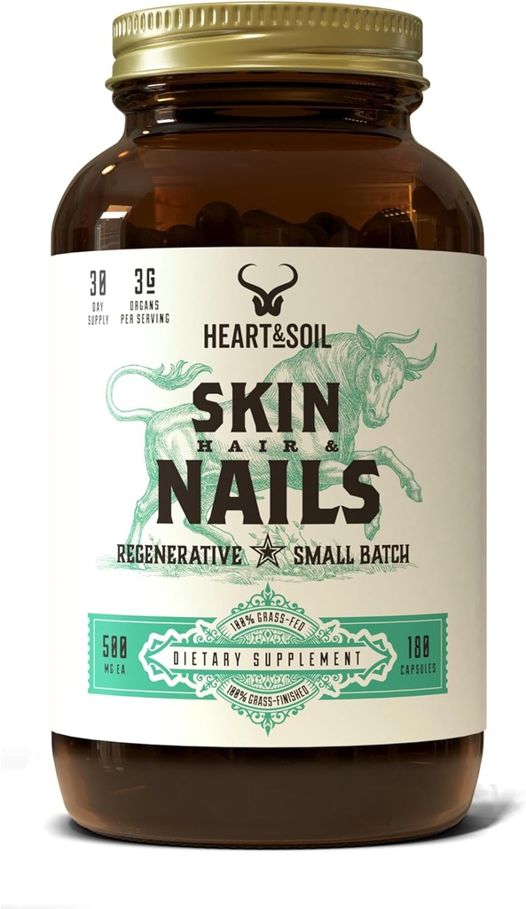 HEART & SOIL – Supplément de soutien à la peau, aux cheveux et aux ongles de 3000mg avec foie de boeuf herbeux, broyeur, cartilage, biotine, collagène, vitamines A, Riboflavine, élastine – 180 capsules