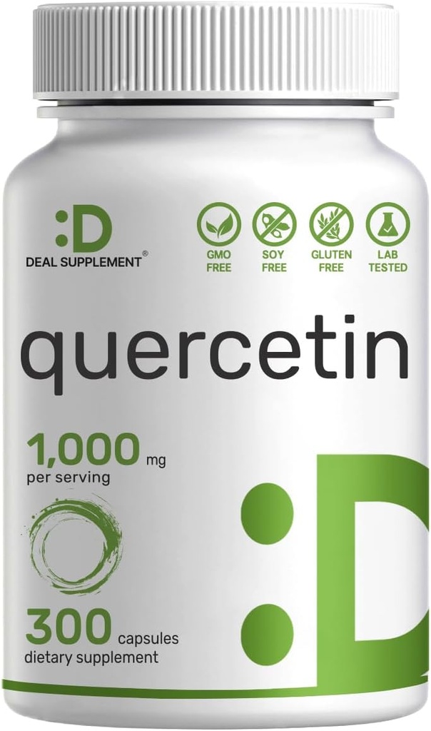 Quercetin 1000mg par portion, 300 Capsules – Suppléments de soutien immunitaire en santé, Flavonoïdes biodisponibles, Antioxydants naturels – Non-OGM, sans soja, sans gluten
