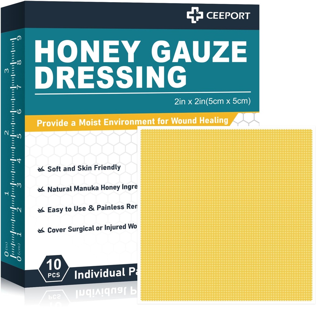 Ceeport Manuka Honey Gauze Wound Dressing 2" x 2",10 Pack Manuka Honey Wound Care Pads, Medical Grade Honey Bandages for Wound Care, Honey Patch for Faster Healing from Burns,Abrasions,Cuts and Scalds