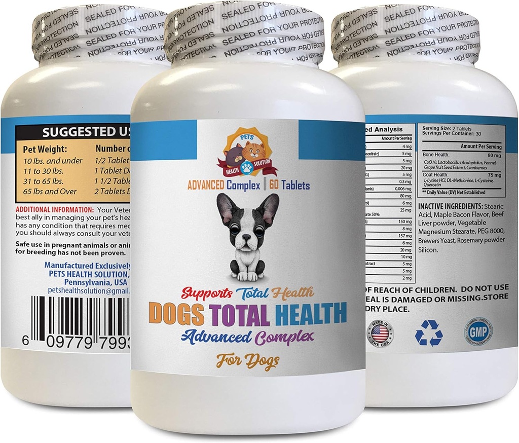 Vitamines pour chiens Eyes - Dogs Total Health Formula - Support avancé - Dents pour cheveux Gums Soins urinaires pour yeux - Vitamine e pour chiens Peau - 60 comprimés (1 bouteille)