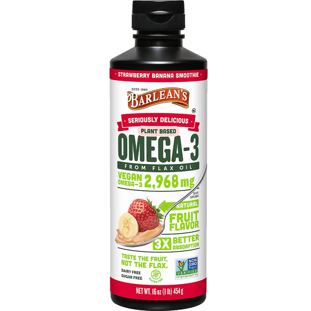 Barlean's Vegan Omega 3 6 9 L'huile de lin supplément liquide, smoothie de banane de fraise, huile de lin avec 2 968 mg ALA acide gras, non-OGM et sans gluten, 16 oz